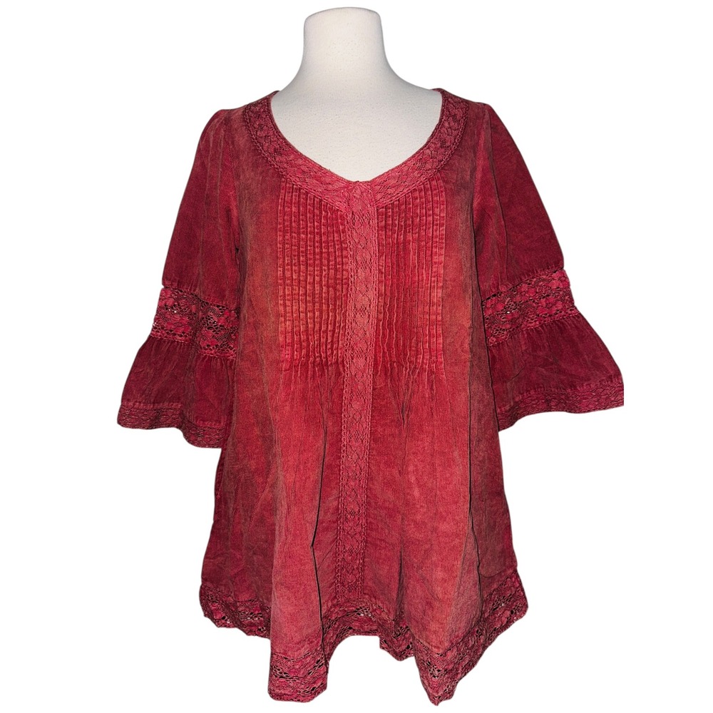 WB5 April Cornell Tunic Top XS Red Cotton Hand Wash Bell‎ Sleeve Crochet Trim